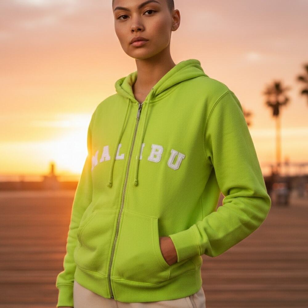 MALIBU BEACH CLUB 100% Cotton Full Zip Kanga Chartreuse Hoodie - Size S